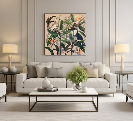 Jungle Light N°4 - Cockatoo and Touchan Fern - Tropical - Art-Deco - Organic Floral, Large painting
