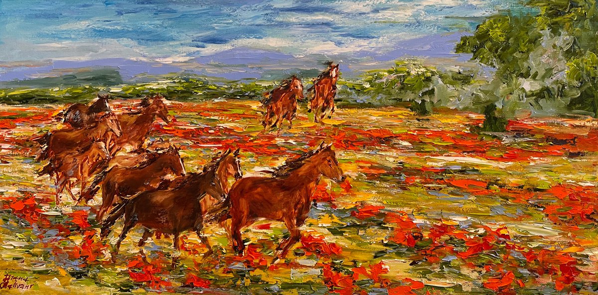 Impressionistic Animal Oil Painting By Diana Malivani, 39 X 20, Chevaux Sauvages, Original Artwork