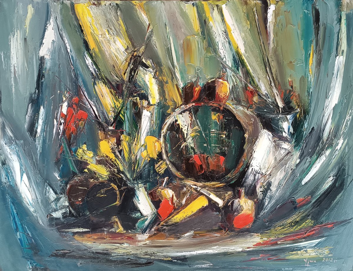 Abstract Botanical Oil Painting By Vlas Ayvazyan, 35 X 28", Autumn Mood, Original Artwork