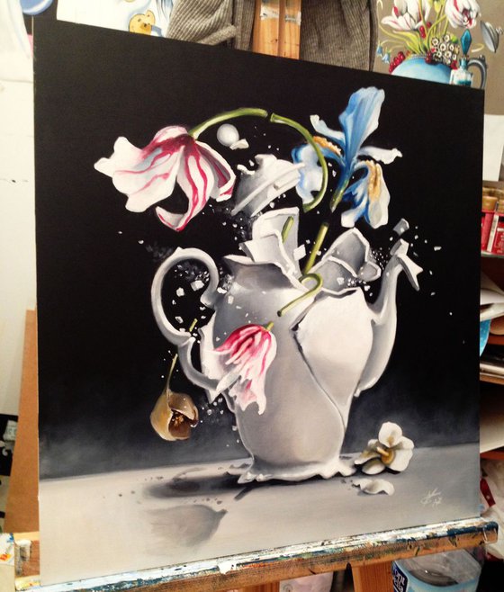 5 o'clock tea and flowers- original painting- 40 x 40 cm (16' x 16')