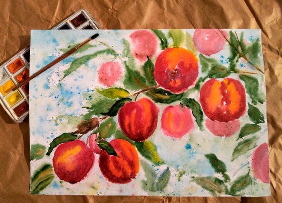 Apples Painting Fruit Original Art Apple Tree Watercolor Apple Branch Artwork Wall Art 17 by 12" by Halyna Kirichenko