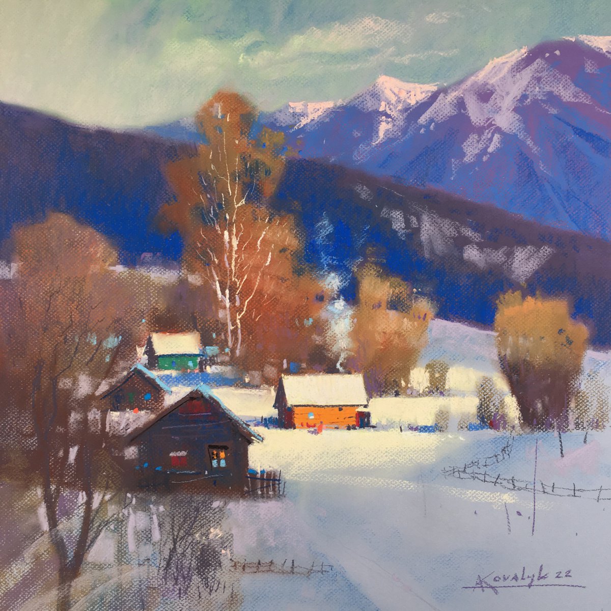 Impressionistic Landscape Pastel Drawing By Andrii Kovalyk, 20 X 20, Winter In Carpathian Mountains, Original Artwork