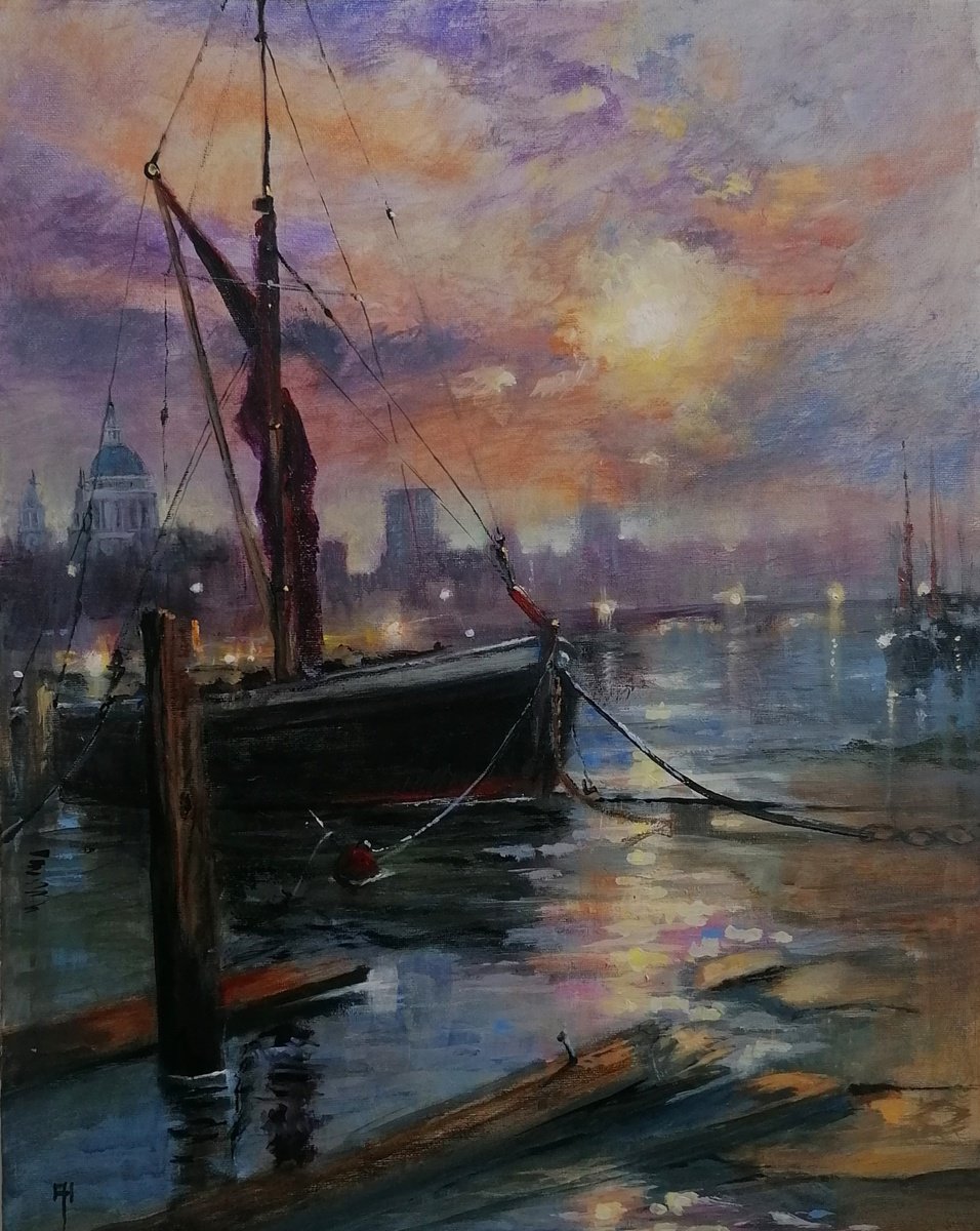 Impressionistic Cityscapes Acrylic Painting By Alan Harris, 16 X 20, The Thames At Twilight, London, Original Artwork