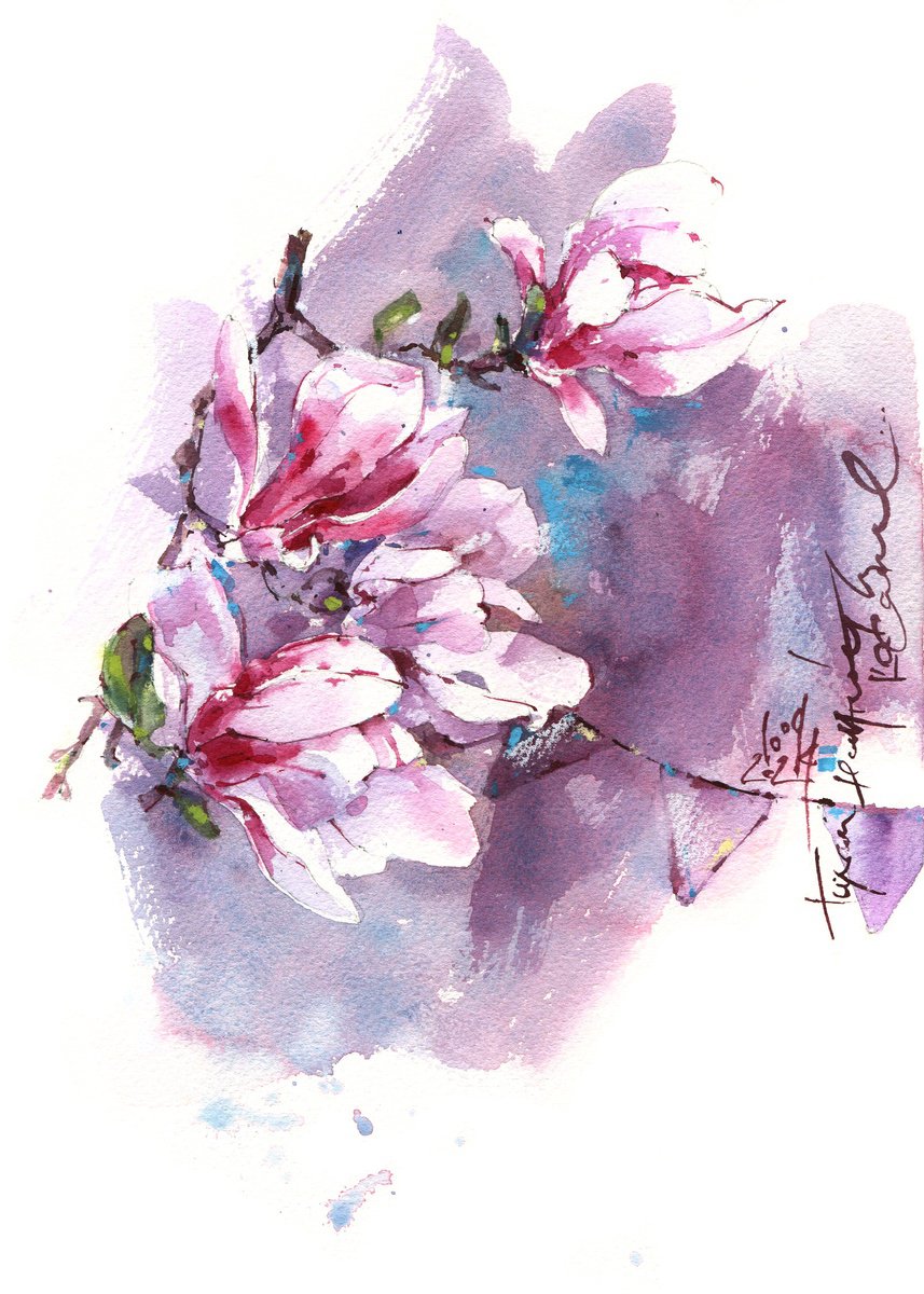 Impressionistic Botanical Watercolour By Ksenia Selianko, 8 X 12", "Melody Of Pink Magnolias" V.1, Original Artwork