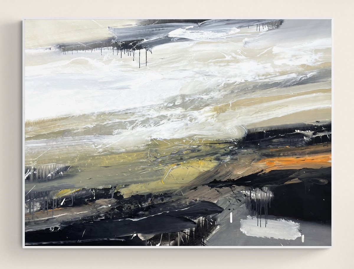 Abstract Acrylic Painting By Nazarii Medvid, 51 X 37", White And Black 40, Original Artwork