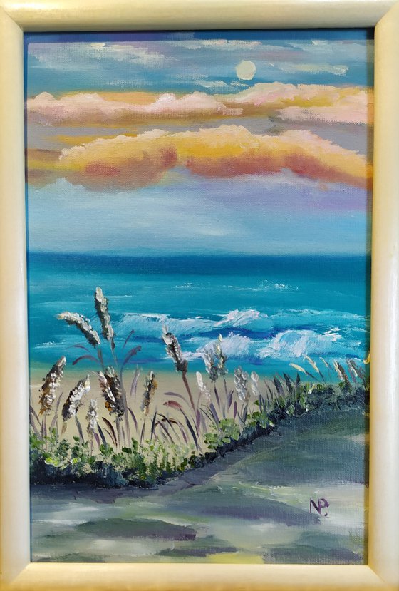 Spikelets, original landscape oil painting, sunset, bedroom art