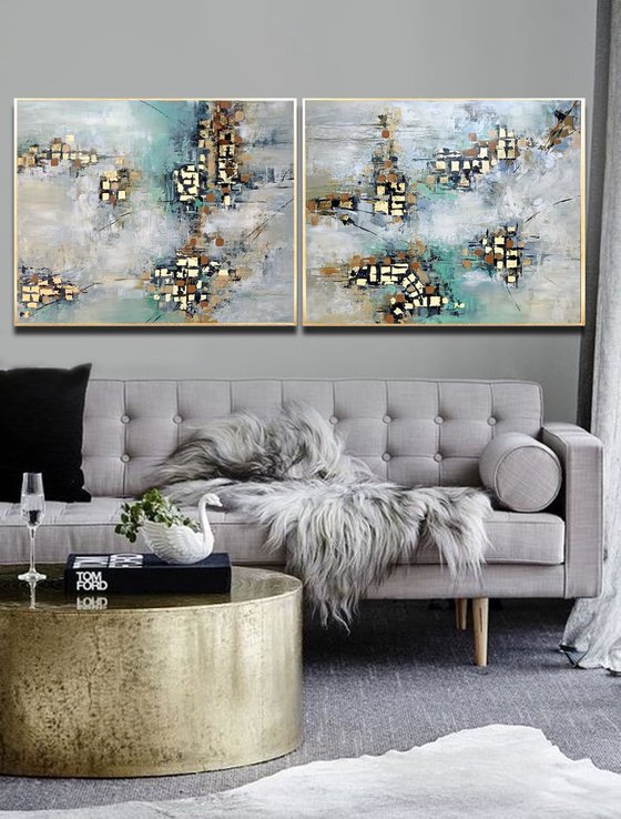 Somewhere New - 64" x 32" Abstract Painting, Set of Two Paintings, Multi Panel Abstract, ORIGINAL Painting, Gold Leaf Painting, Black and Gold, Large Art