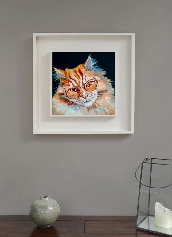 Learned Cat Oil Painting Ginger Artwork Original Pet Wall Art