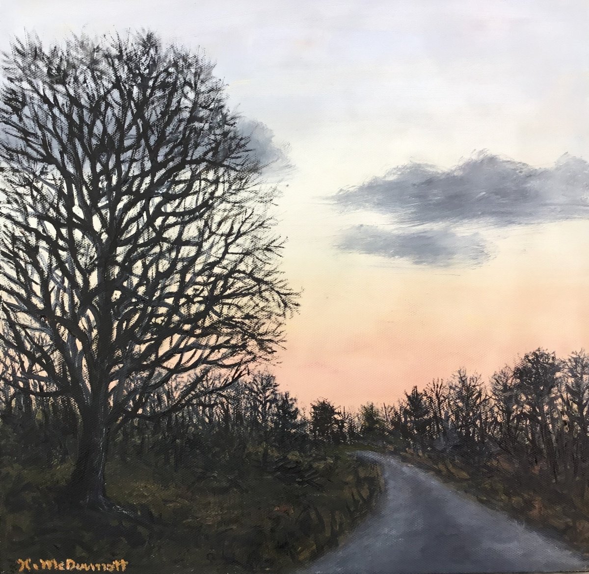 Photorealistic Landscape Oil Painting By Kathleen Mcdermott, 12 X 12", January Nightfall, Original Artwork