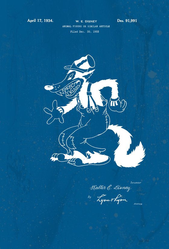 Disney Big Bad Wolf character patent - Blue - circa 1934