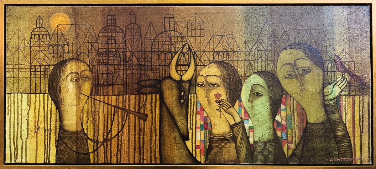 Naive Portrait Oil Painting By Armen Vahramyan, 30 X 14, Between Sound And Silence, Original Artwork