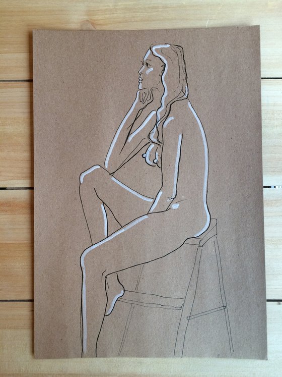 Naked girl- Erotic sketch - Nude seated woman drawing - Sensual gift for Valentine's Day.