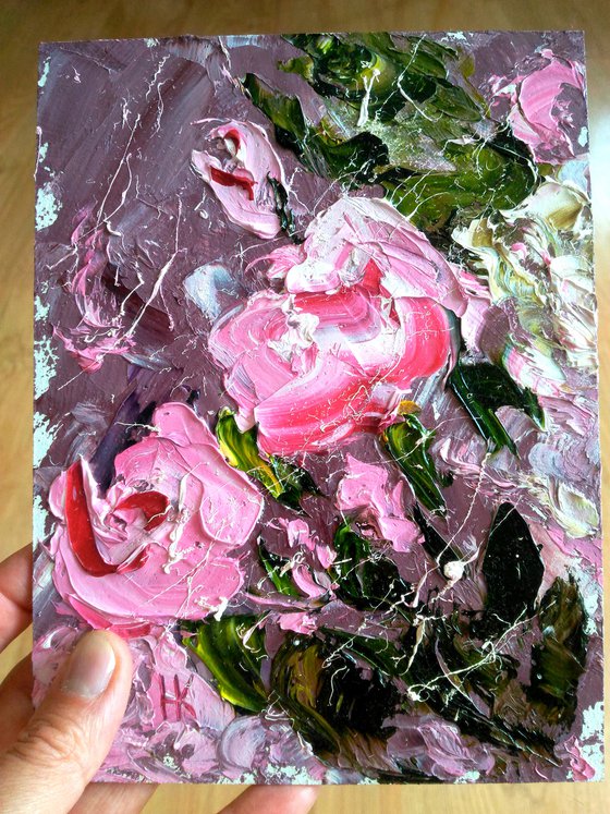 Rose Painting Floral Original Art Small Oil Impasto Artwork Flower Home Wall Art 6 by 8" by Halyna Kirichenko