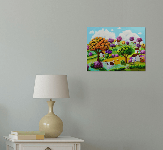 Cow folk art landscape painting