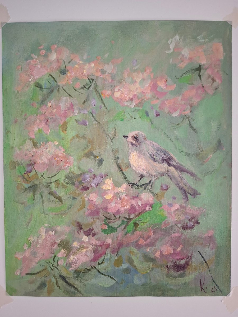 Impressionistic Animal Oil Painting By Olena Kolotova, 10 X 12", A Bird In A Blooming Tree, Original Artwork