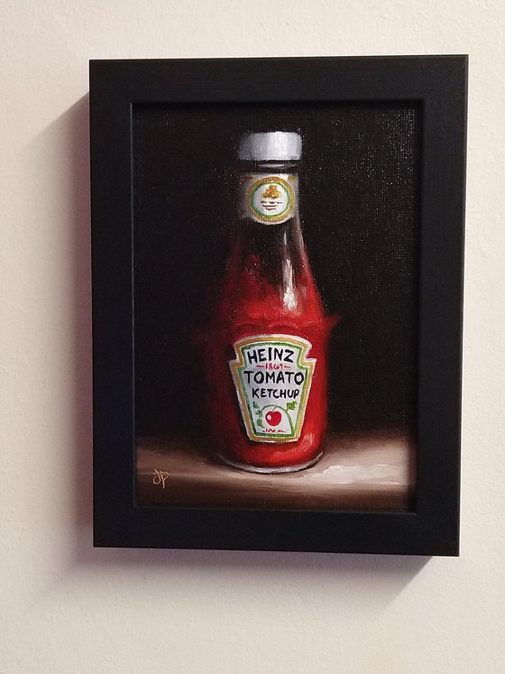 Small ketchup bottle framed still life