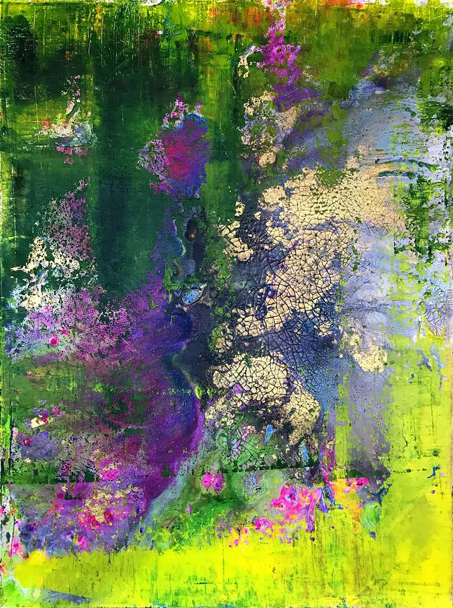 Impressionistic Abstract Acrylic Painting By Olga Melezhik, 20 X 28", Lilac Garden, Original Artwork