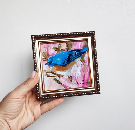 Blue bird and flower painting original oil 4x4, Estern Bluebird wall art framed, Small picture mothers day gift