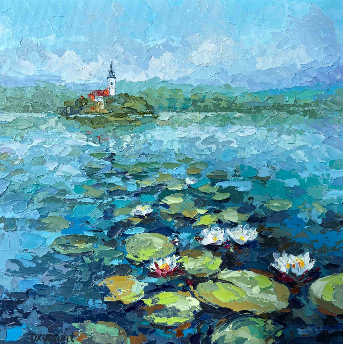 Impressionistic Landscape Oil Painting By Oxypoint, 12 X 12", "Water Lilies On Lake Bled", Original Artwork