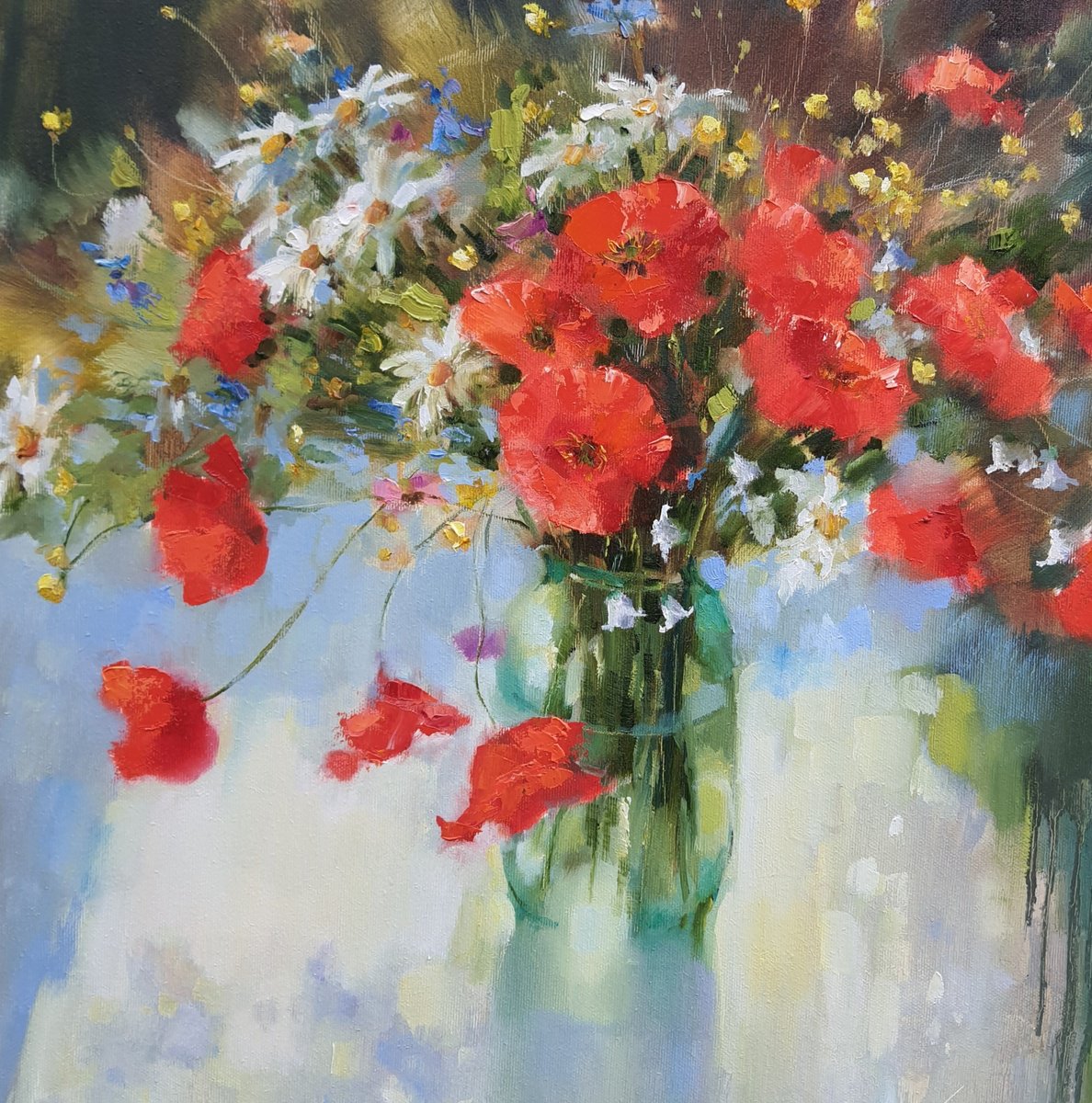 Impressionistic Botanical Oil Painting By Olha Laptieva, 20 X 20", Poppies. Emotions Of Joy, Original Artwork