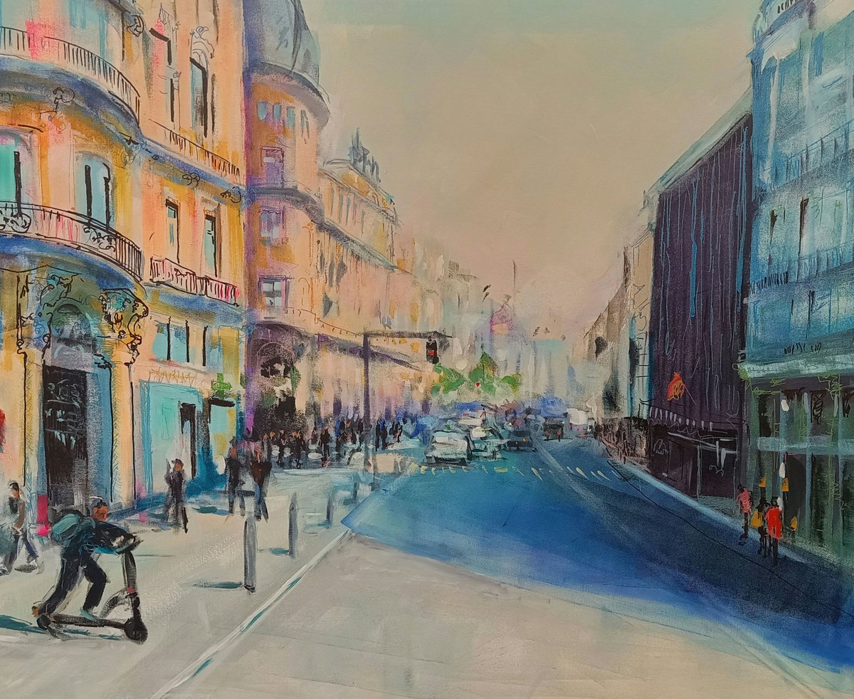 Expressive Cityscapes Acrylic Painting By Marina Del Pozo, 39 X 32", Gran Vi?a, Original Artwork