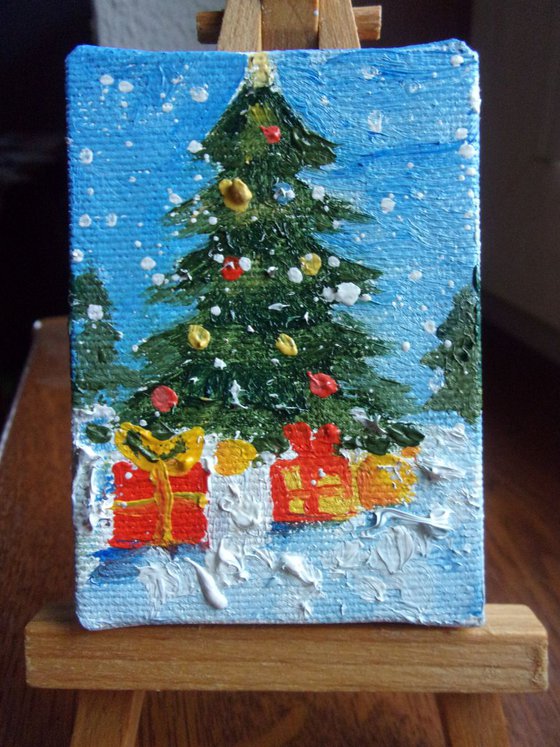 " MERRY CHRISTMAS  " with EASEL original painting  palette knife CHRISTMAS TREE GIFTS