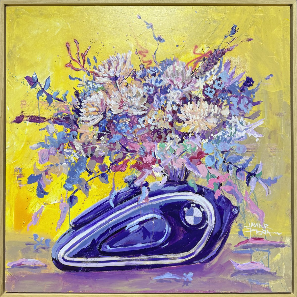 Impressionistic Botanical Acrylic Painting By Javier Pena, 39 X 39, Cafe Racer Stil Life (I), Original Artwork