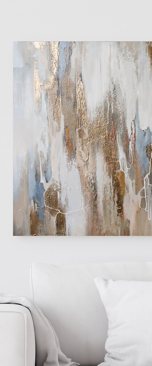 "Cascade 2" Abstract gold white acrylic art by Yana Sagan