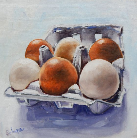 Eggs in a box. Still life, 25x25cm