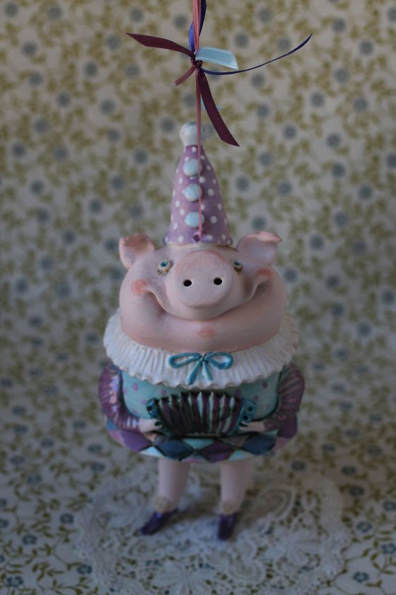 Happy Piglet Playing Accordion . Wall sculpture, bell doll by Elya Yalonetski