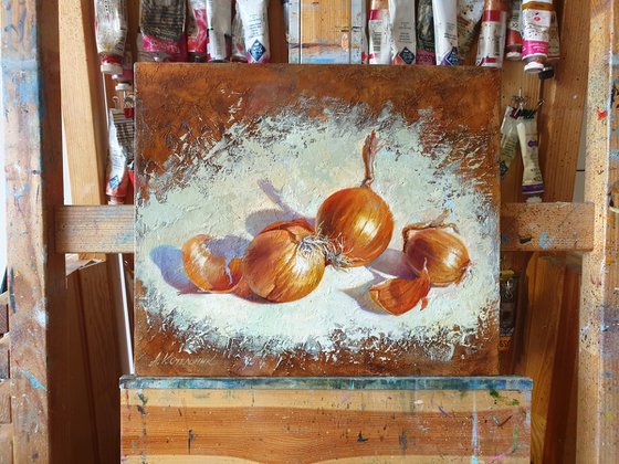 "Onion family."  Onion still life  liGHt original painting PALETTE KNIFE  GIFT (2020)