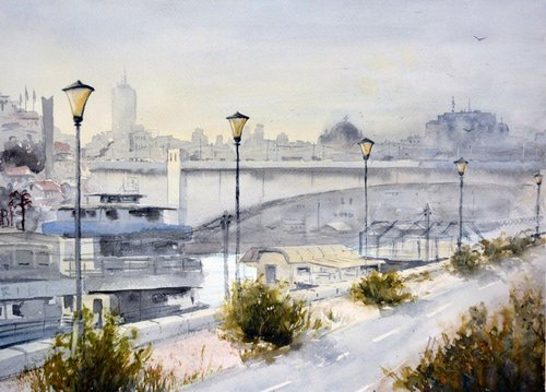 Riverside skyline Belgrade - original watercolor painting by Nenad Kojić watercolorist