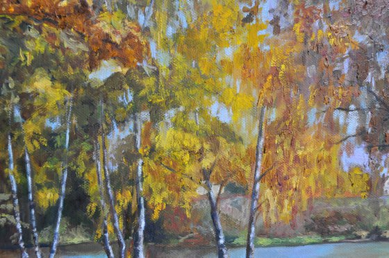 Golden autumn in a birch grove original oil painting