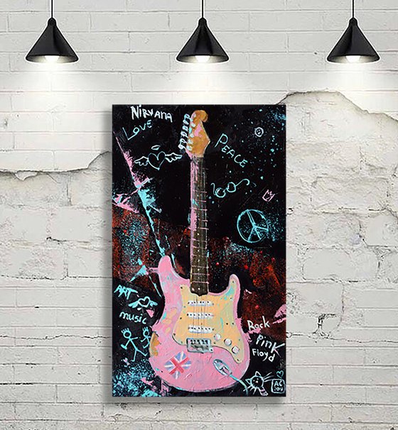 pink guitar on a black background, grunge style
