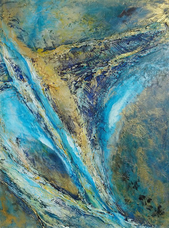 Contemporary Blue Abstract Painting. Modern Blue and Gold Textured Art
