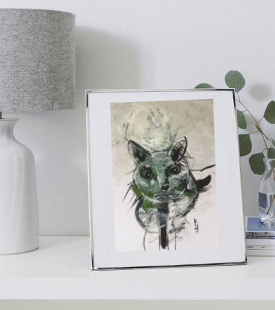 Cat Green Cat Art Pet Portrait Acrylic on Watercolour Paper Animal Painting Gift Ideas Original Art 8"x12"