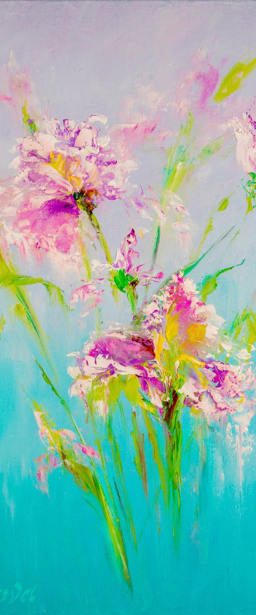 MOMENTS FROM DREAMS - Air flowers. Pink irises. Lovely bouquet. Present. Gradient. Botanical. Blue background. by Marina Skromova