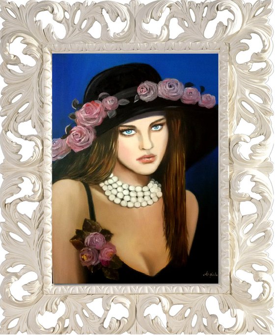 Lady with hat - portrait-oil painting- home decor