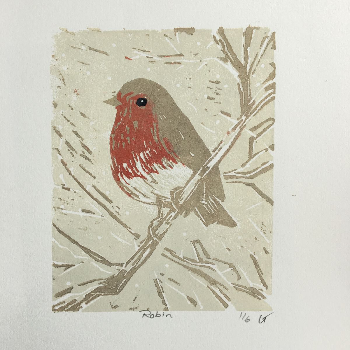 Robin (2016) Linocut by Louise Thompson Artfinder