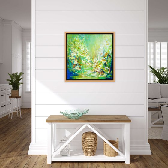 Abstract Forest Pond Painting. Floral Garden. Abstract Tropical Flowers and Birds. Original Blue Green Teal Painting on Canvas Modern Art (2021)