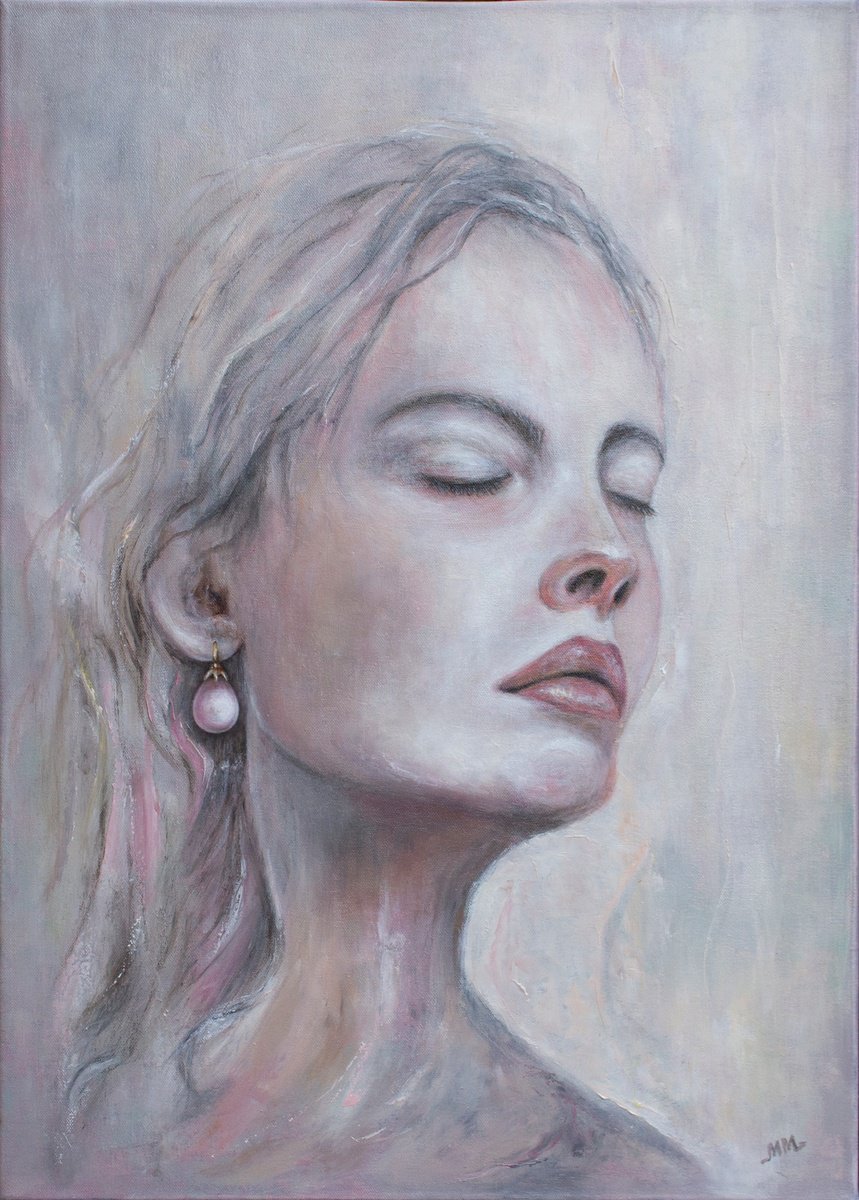 Impressionistic Portrait Oil Painting By Mila Moroko, 20 X 28", Pearl (Pink), Original Artwork