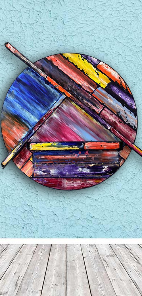 "Constructive" - Original PMS Assemblage Sculptural Painting On Wood, Tondo - 30 x 26 inches by Preston M. Smith (PMS)