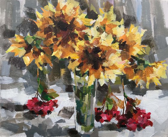 Autumn sunflowers.  one of a kind, original watercolour