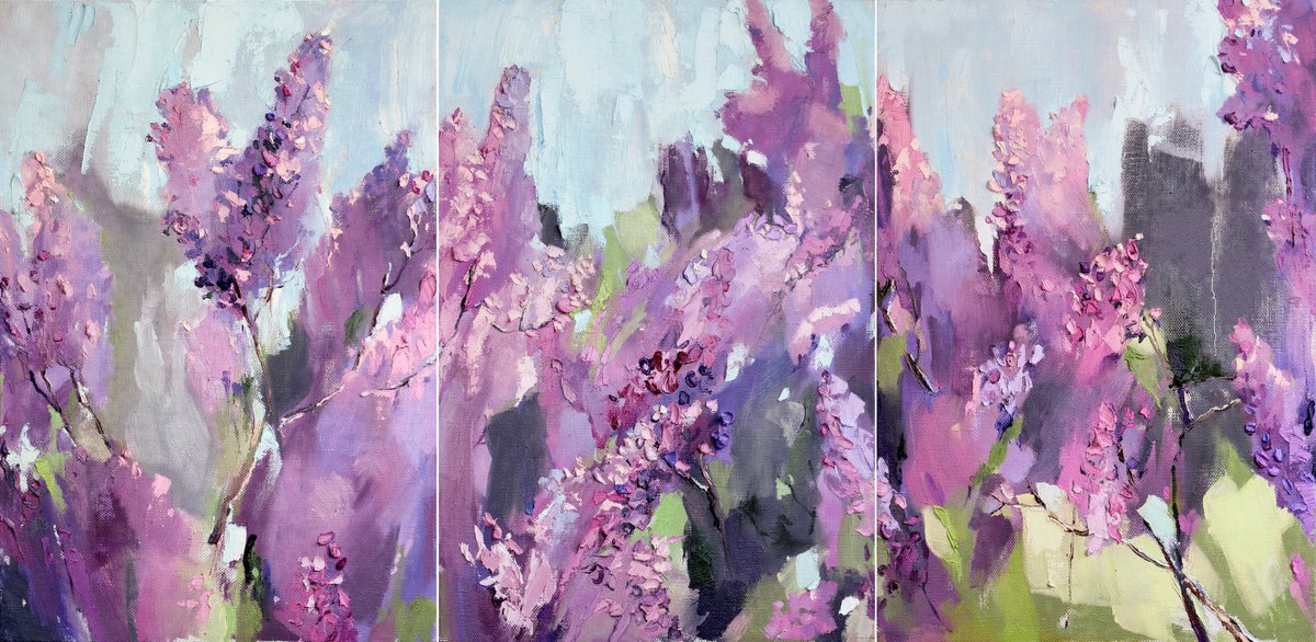 Lilac. Tryptych Floral. Original oil painting by Yuliia Meniailova