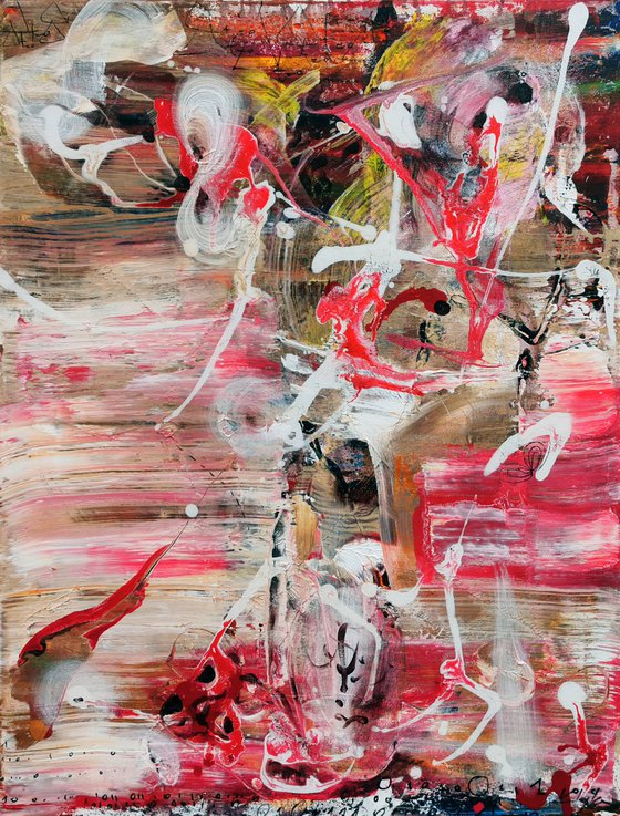 Framed red and white gestural action painting abstract still life pot with flowers O KLOSKA