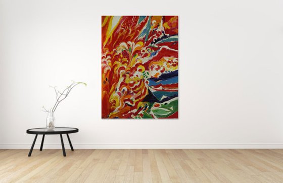 HIMALAYAS, THIRST FOR LIFE - Abstract art, large original painting, oil on canvas,  red orange bright, home interior office decor,  Tibet Himalayas