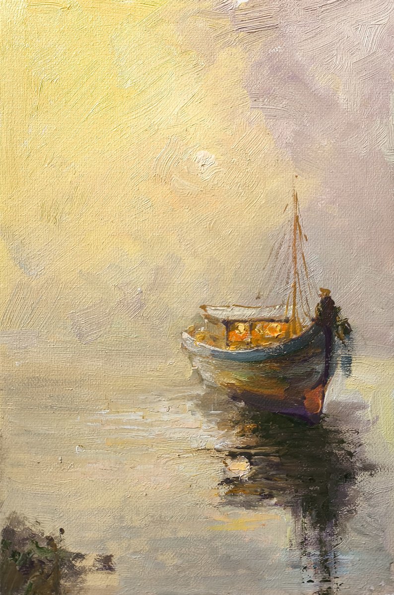 Impressionistic Landscape Oil Painting By Hrach Baghdasaryan, 8 X 12, Boat At Dawn, Original Artwork