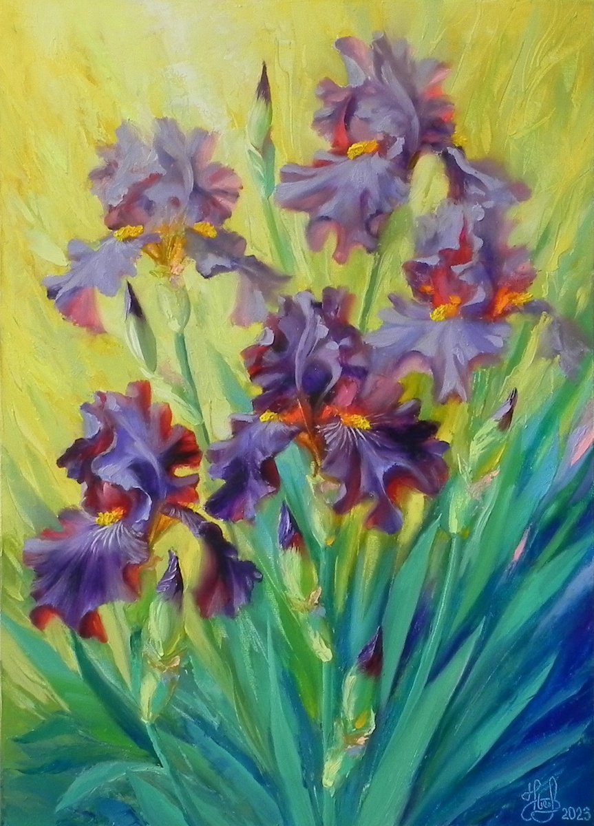 Impressionistic Botanical Oil Painting By Yurii Novikov, 20 X 28", "Iris", Original Artwork