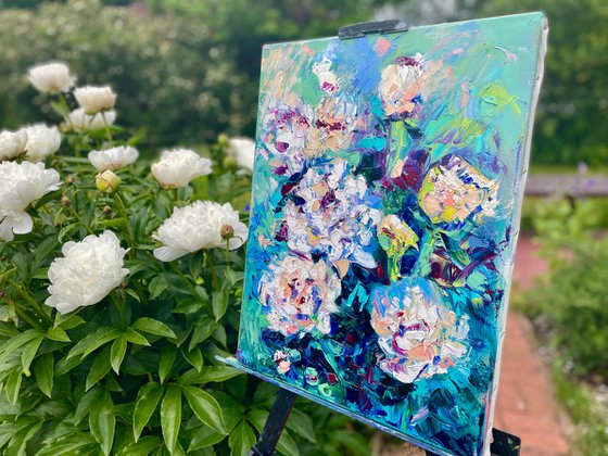 Peony - A summer joy, 35*45cm, impressionistic flowers oil painting in white and turquoise