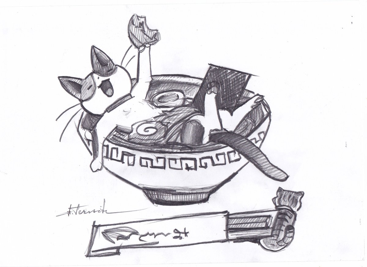 Animal Pencil Drawing By Anastasia Terskih, 8 X 6, Ramen Cat, Original Artwork